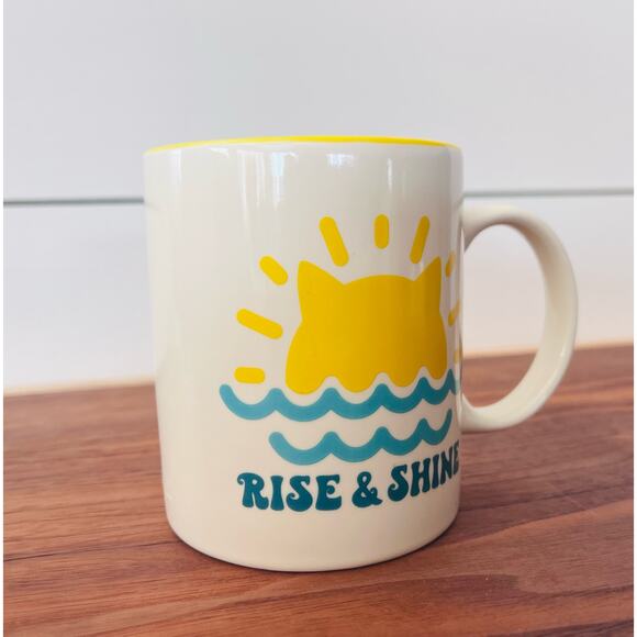 Rise & Shine Cat Lady Cup Mug 12 oz Coffee Tea Cocoa Yellow Blue - Picture 2 of 7